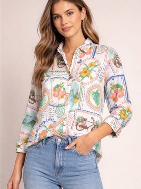 Ninety Multi-Color Stamp & Floral Button-Down Shirt